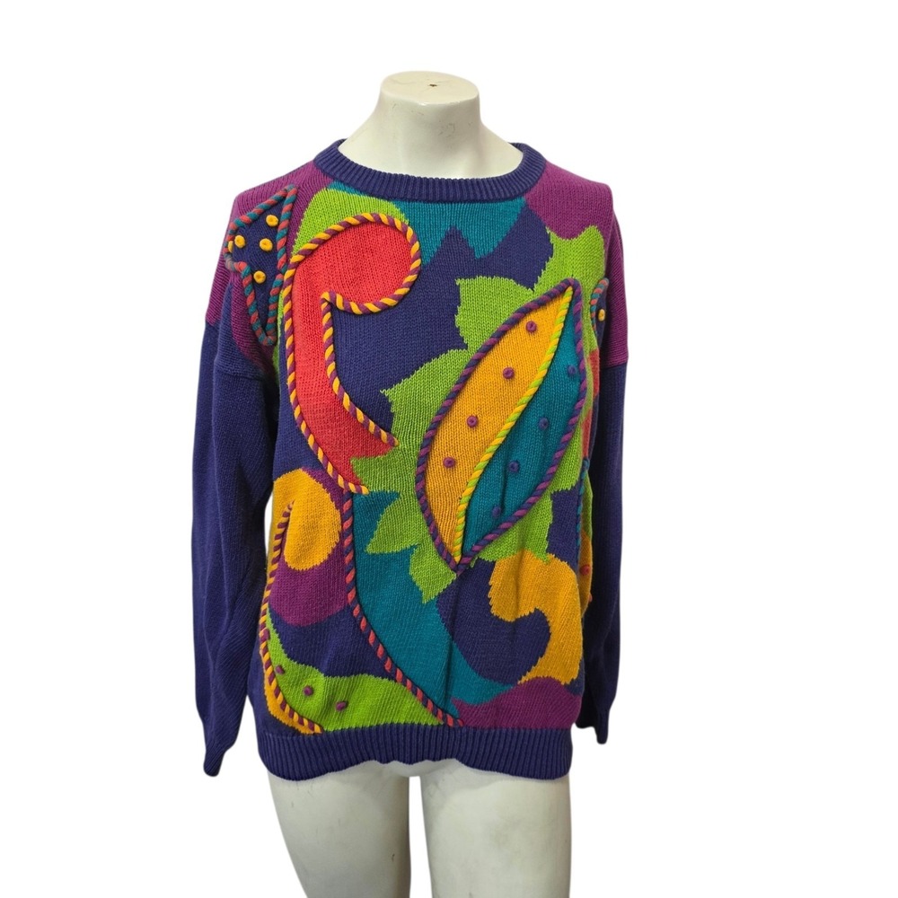 Vintage 1992 Santoria Abstract Sweater Small Ramie Cotton Colorful Artsy Knit